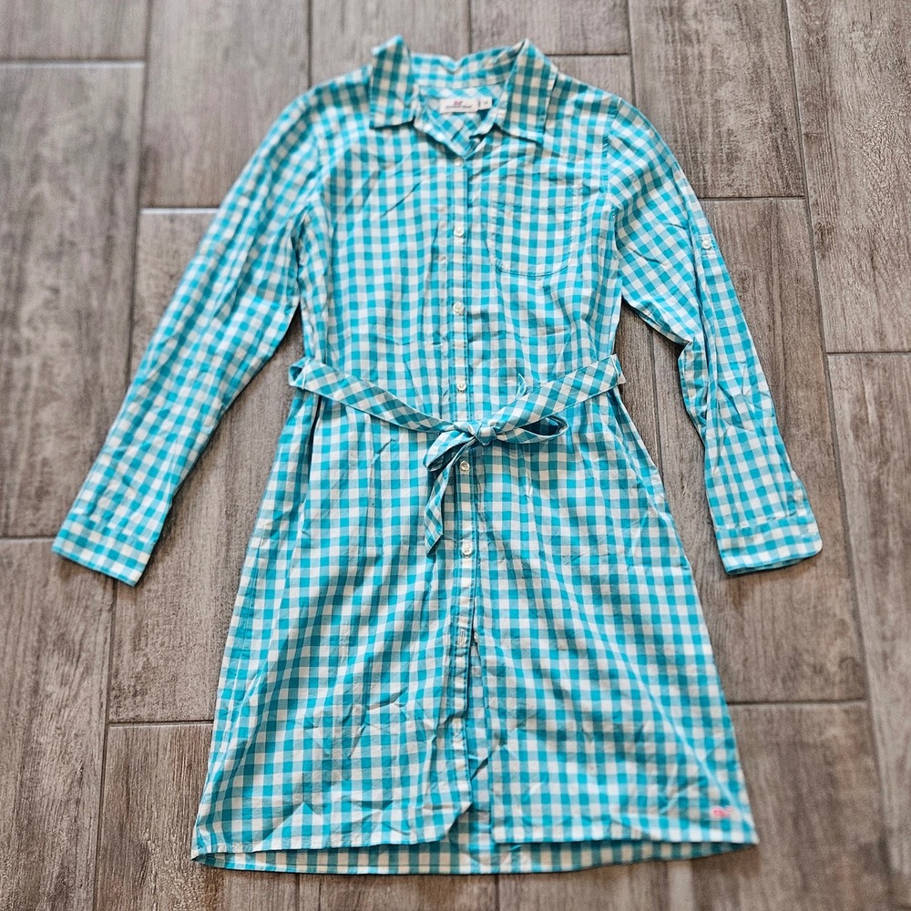 Vineyard Vines Gingham Shirt Dress Girls 14 Belted Long Sleeve‎ Preppy Coastal